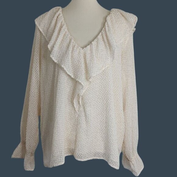 LOFT Top Blouse XL Ivory Gold Shimmer Ruffle V Neck Metallic Long Sleeve - Picture 4 of 8